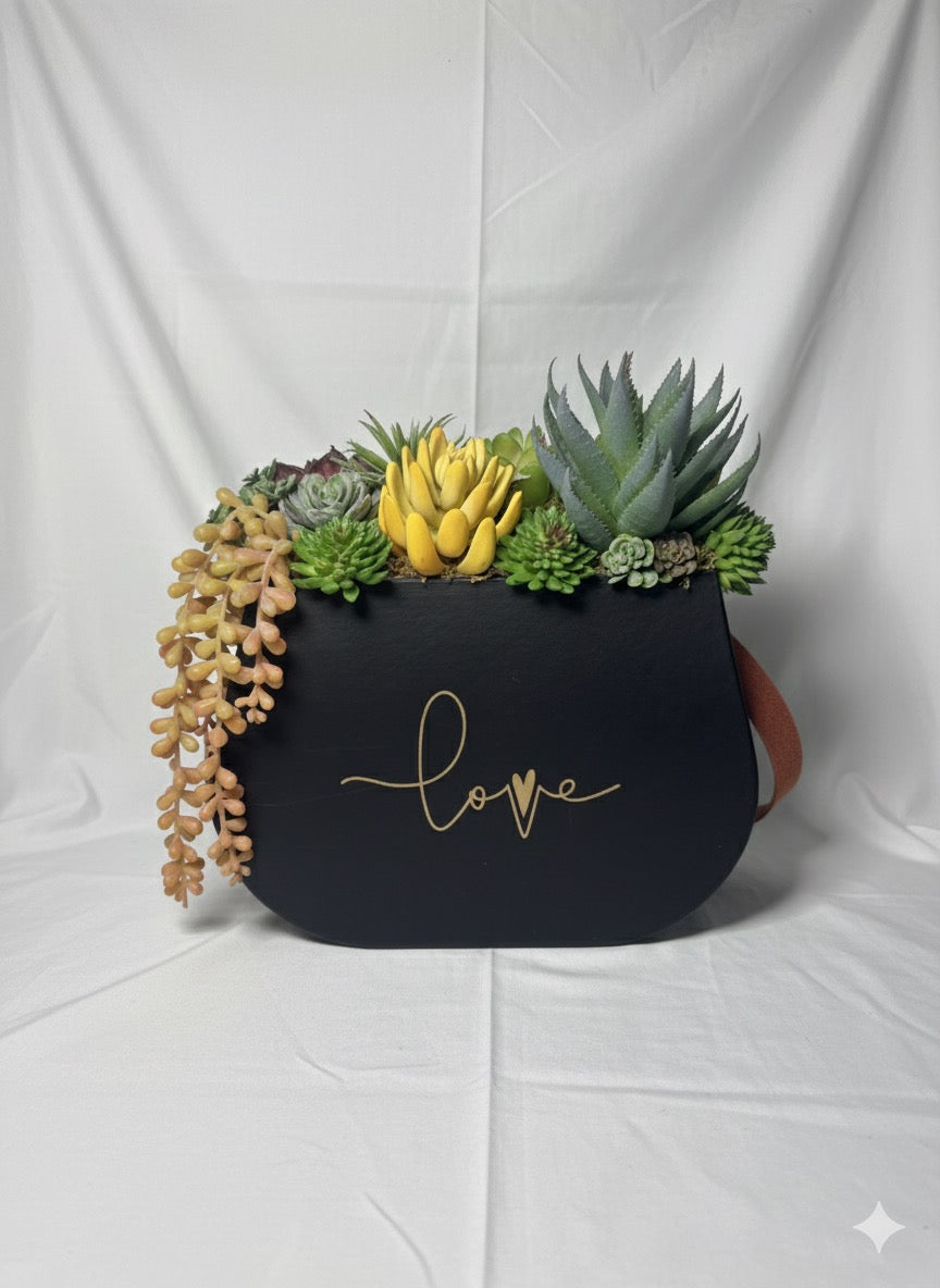 Kivaar Love black. Succulents arrangement.  ￼