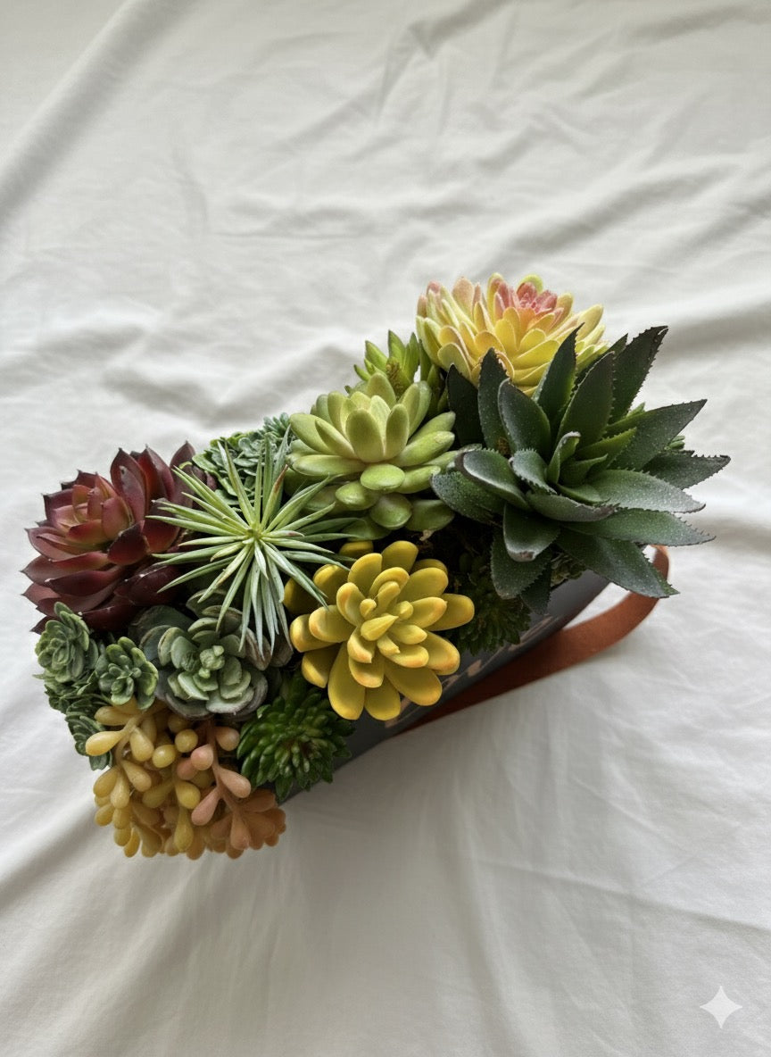 Kivaar Love black. Succulents arrangement.  ￼