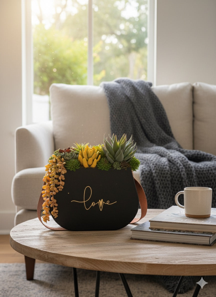 Kivaar Love black. Succulents arrangement.  ￼